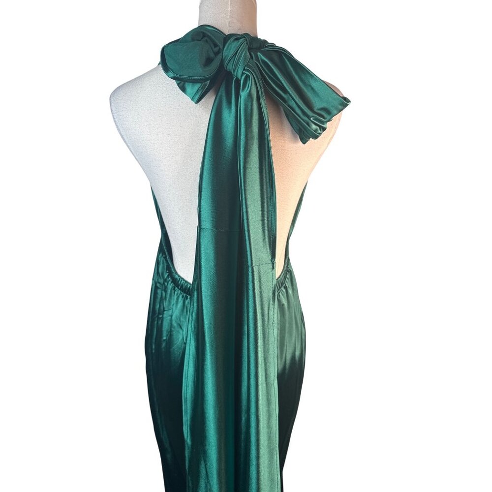 New Miss Ord Emerald Large Green Satin Halter Gown Tie & Plunging Neckline - Picture 2 of 14